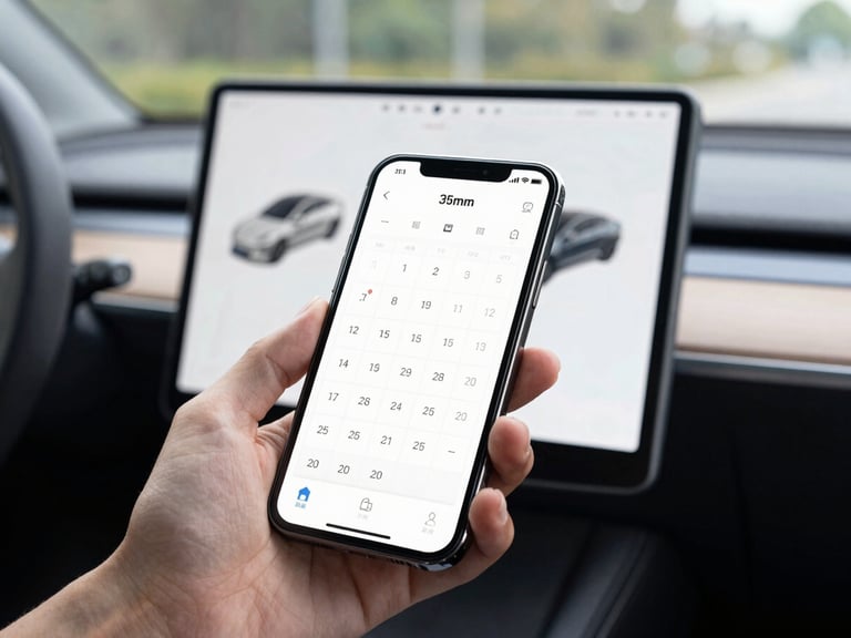 Close-up of a hand holding a smartphone inside a modern car interior, displaying a clean driving school calendar dashboard with bright natural daylight, 35mm photography