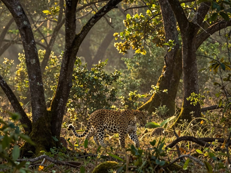 A majestic leopard moving silently through the dense, moss-draped forest of Godawari, filtered morning light piercing the thick canopy, premium editorial photography, 35mm.