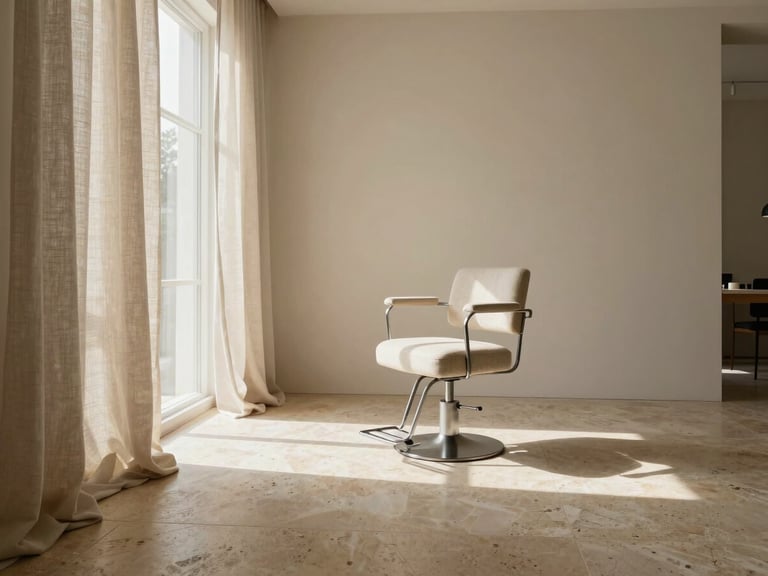 Wide interior shot of a sun-drenched minimalist beauty atelier, warm travertine floors, soft linen drapery, single empty styling chair, diffused natural daylight.