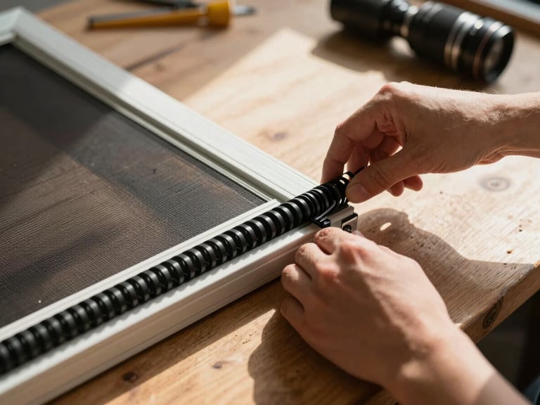 Close-up of hands carefully rolling black spline into a brand new window screen frame, warm afternoon sunlight casting sharp shadows on the wooden workbench.