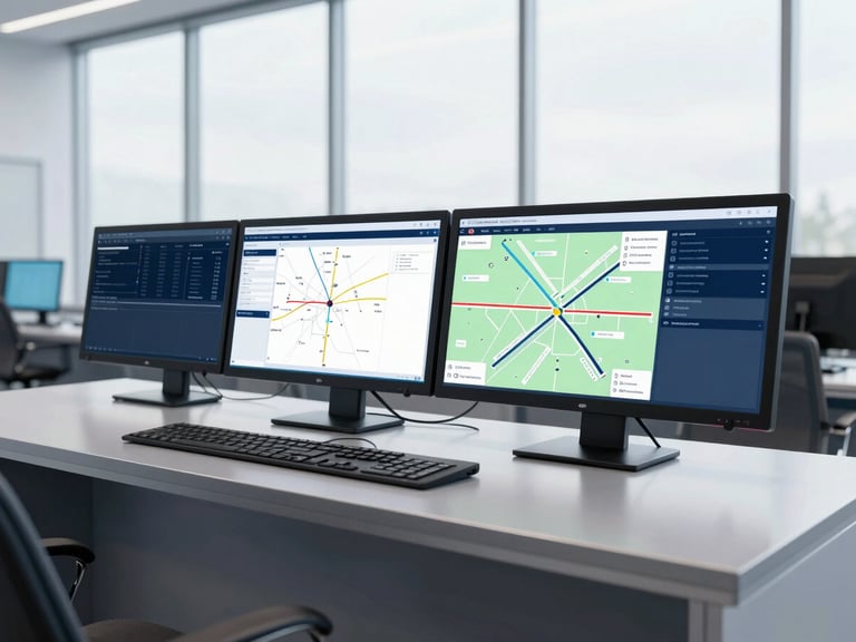 Crisp commercial photography of a modern transport operations center, glowing route planning dashboards, cool steel and navy tones, bright overcast daylight.