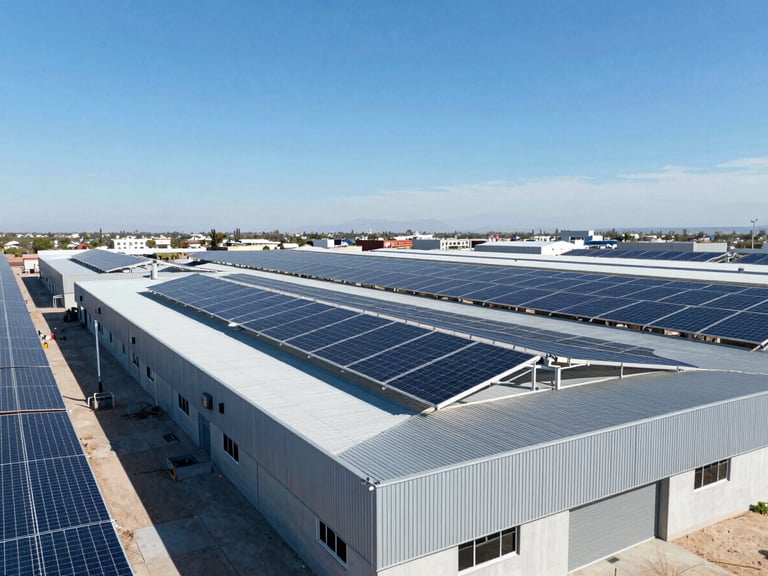 Wide-angle architectural drone shot of a massive industrial solar array on a modern metal roof in Tijuana, harsh bright desert sunlight casting sharp geometric shadows, high-contrast blue sky, dslr