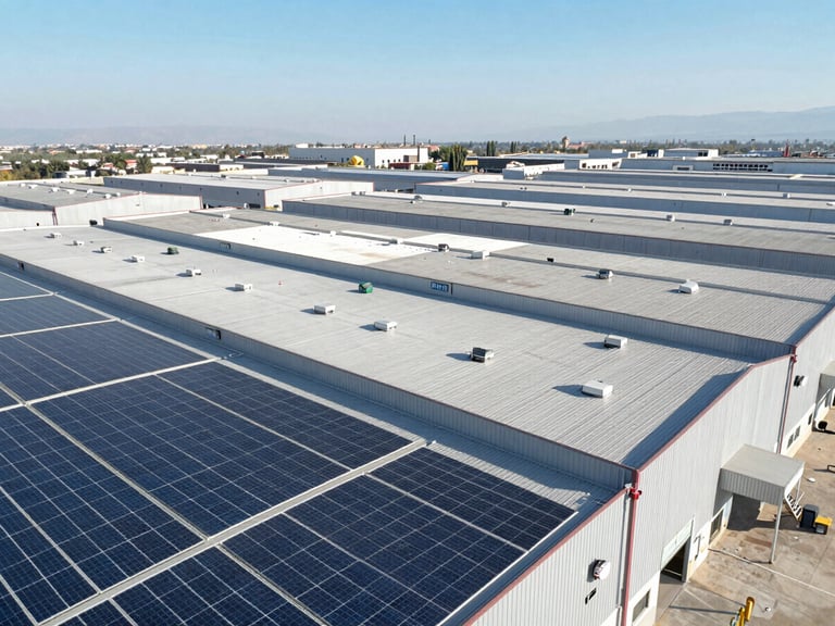 Aerial drone shot of a massive industrial warehouse in Tijuana, covered in modern solar panels under bright high-contrast desert sunlight, crisp shadows.