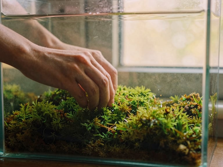 Hands gently arranging green aquatic moss inside a clear glass tank, warm golden-hour caustics filtering through a window, shallow depth of field