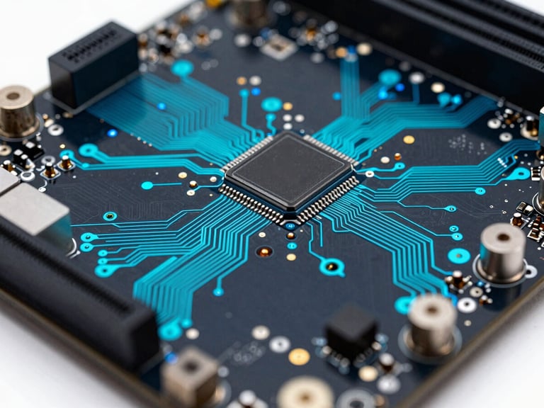 Macro studio shot of high-end motherboard circuits, electric cyan traces glowing on deep obsidian substrate, sharp metallic solder joints, shallow depth of field.