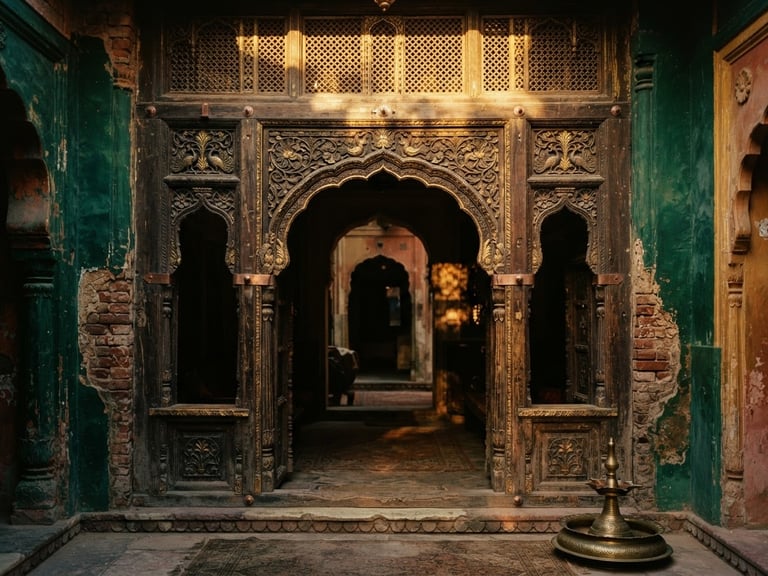 Warm editorial photography of an ancient carved wooden archway in Punjab, soft golden hour light filtering through, rich deep emerald and gold tones, 35mm