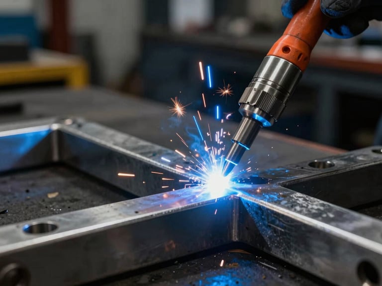 Macro shot of a high-precision TIG weld on a stainless steel frame, bright blue sparks, dark industrial workshop background, dramatic lighting