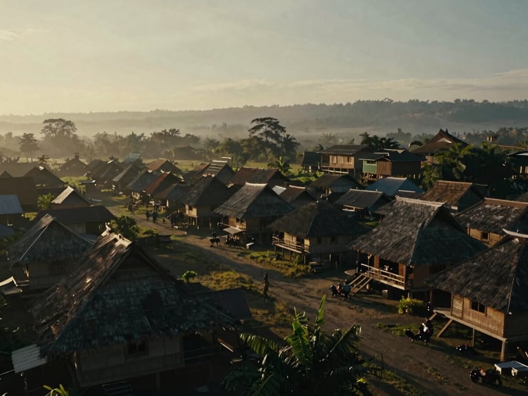 Ultra-wide environmental establishing shot of North Sumatran landscape, a traditional village scene with human interaction, natural golden-hour window light, atmospheric haze, cinematic film photography.