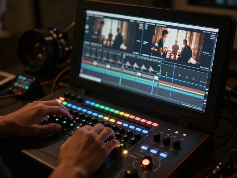 Close-up of hands working on a color grading console, cinematic monitor displaying a film scene, dramatic lighting, deep shadows, warm moody tones, anamorphic lens.