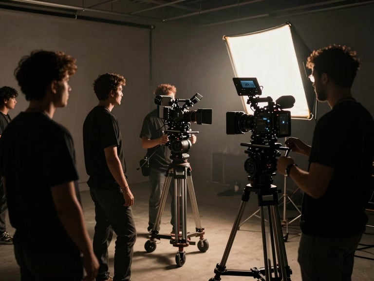 Behind-the-scenes shot of a commercial production, crew setting up a shot with professional camera equipment, dramatic lighting, focused on the action, cinematic film photography, deep shadows.