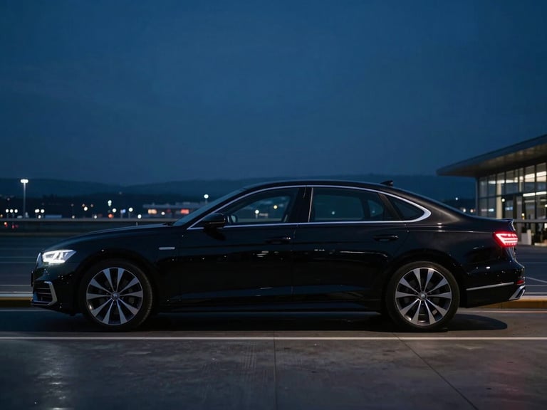 Spotless modern black sedan parked at Zurich Airport at night, cinematic wide environmental shot, low-key evening light, deep midnight tones, 35mm lens, realistic