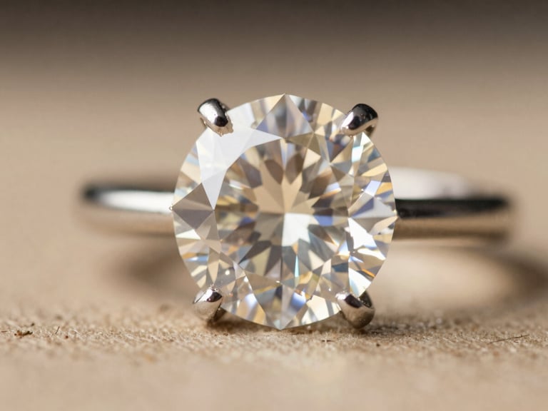 Extreme close-up of a brilliant-cut diamond ring, showing facets and sparkle, warm directional side-lighting, macro depth of field, champagne and charcoal tones.