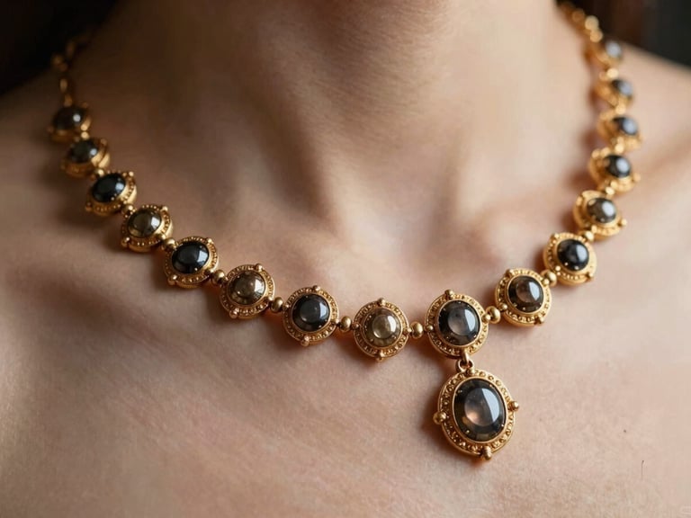 Close-up of an intricate gold bridal necklace with temple motifs, soft directional side-lighting, warm editorial photography, rich champagne and deep charcoal tones, macro depth of field.