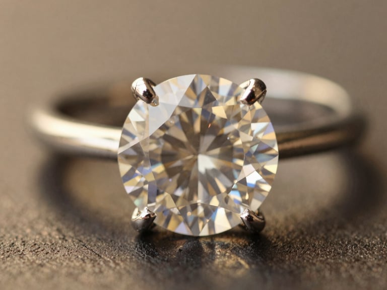 Macro shot of a brilliant-cut diamond solitaire ring, extreme close-up on the facets, warm directional side-lighting, soft shadows, deep charcoal and champagne tones, shallow depth of field.