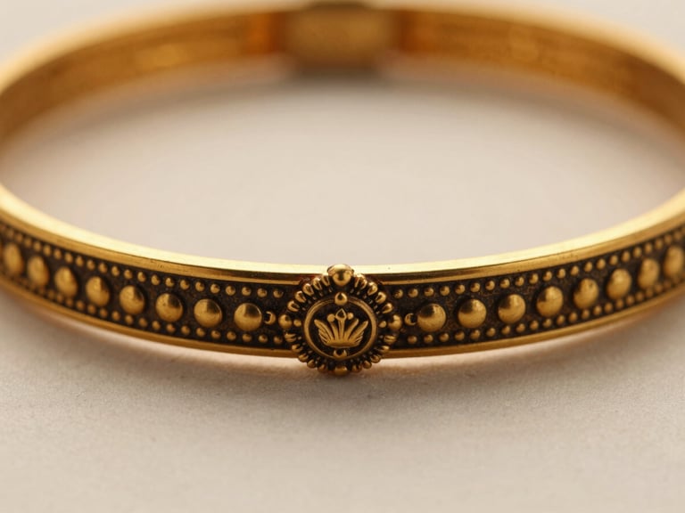 Macro shot of a 22kt gold bangle with traditional South Indian temple jewelry design, warm directional light, rich champagne tones, extreme close-up.