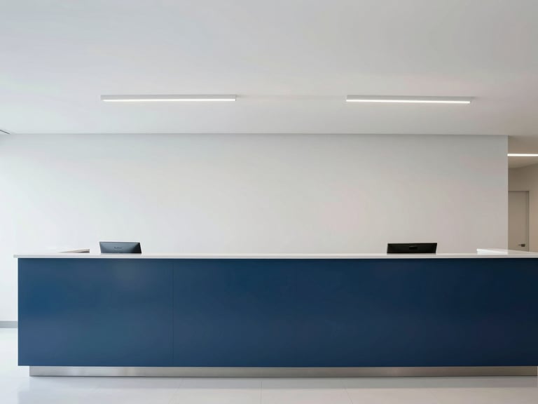 Minimalist architectural photography of a modern clinical reception lobby, clean lines, soft overcast light, deep blue accents, 35mm