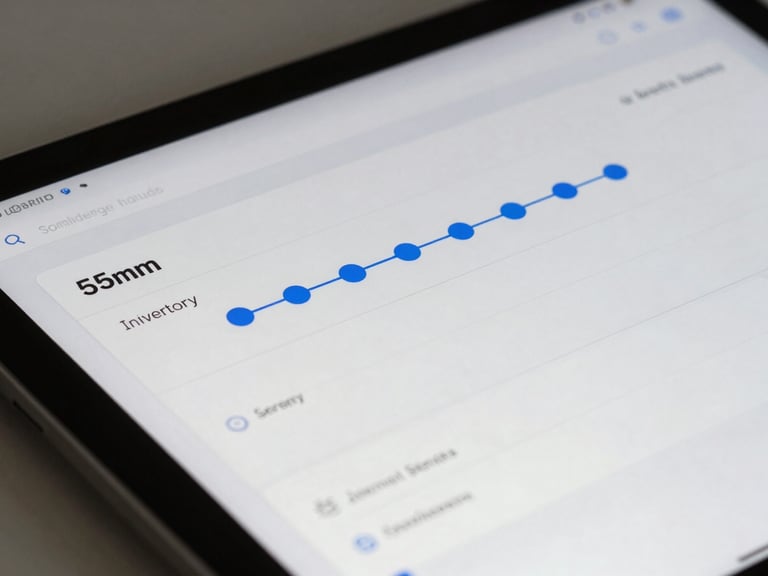 Tight macro shot of a sleek tablet displaying a clean minimalist inventory dashboard with blue data nodes, soft natural daylight, 35mm