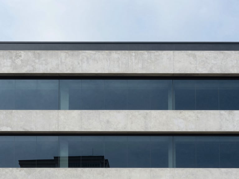 Minimalist architectural photography of a modern office building in Hyderabad, clean concrete lines, soft overcast natural daylight, 35mm