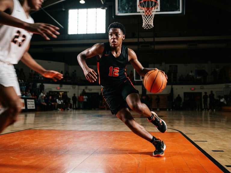 Dynamic low-angle action shot of a young basketball player driving to the hoop, dramatic high-contrast lighting, safety orange court lines, 35mm