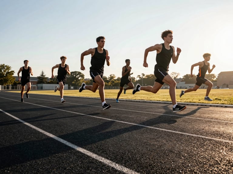A dynamic low-angle shot of young runners sprinting on an outdoor track during golden hour, long shadows, high athletic energy.