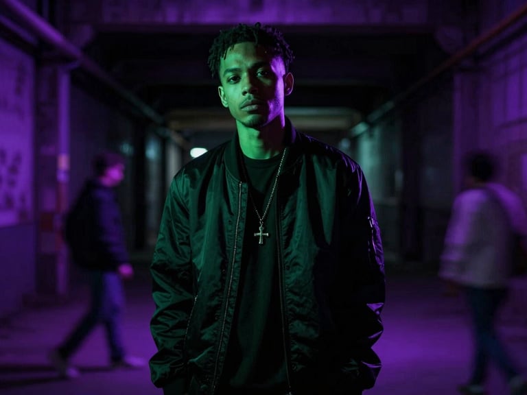Gritty street portrait of a trap artist in a dark industrial zone, neon violet backlight, moody atmosphere, high contrast shadows