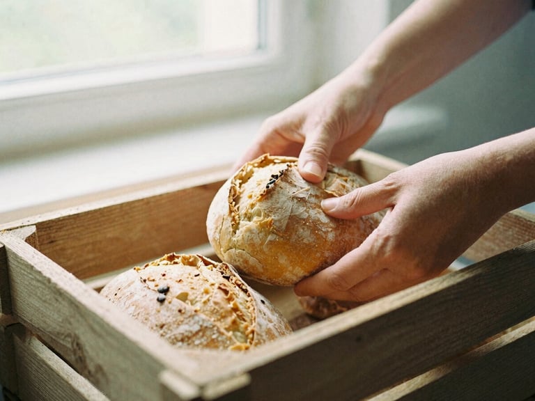 Close-up detail of hands placing fresh bread and warm soup into a rustic wooden crate, soft natural window light, 35mm film.