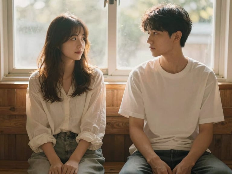 Environmental portrait of two people sitting quietly on a wooden bench, soft golden hour light filtering through a window, shallow depth of field.