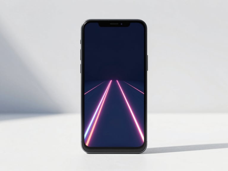 Modern Android device mockup showing a neon reflex runner game, glowing trails, clean minimalist background, bright natural daylight
