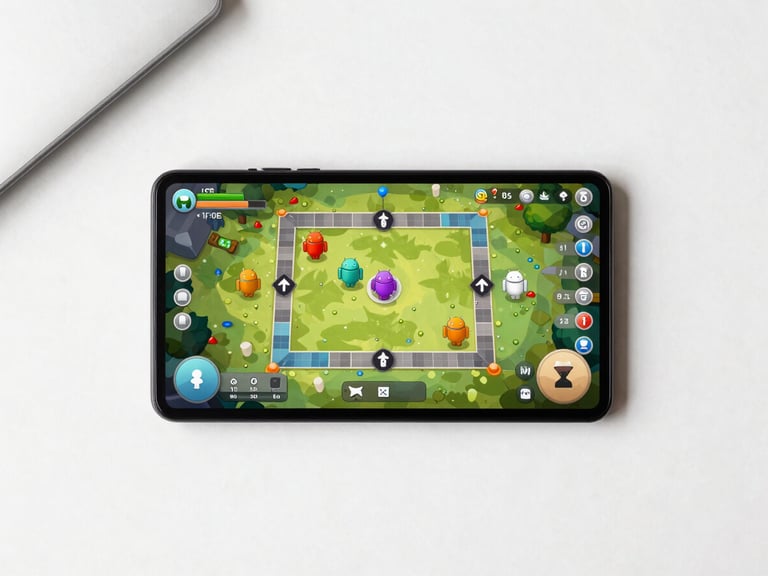 Overhead flat-lay of an Android device on a clean workspace displaying a turn-based strategy game interface, soft studio lighting