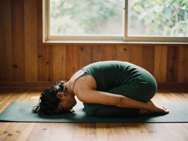 Quiet traditional yoga practitioner in a serene room with wooden textures, warm natural window light, soft golden hour shadows, 35mm film