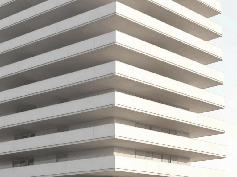 Abstract 3D structural wireframe render of a modern building, crisp high-contrast daylight, minimalist neutral tones, sharp focus, architectural render style
