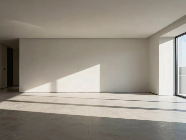 Wide-angle interior shot of a minimalist modern living space with dramatic clean shadows, crisp high-contrast daylight, sharp focus, architectural render style