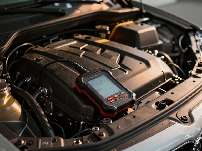 Close-up of a modern car engine bay with a diagnostic scanner connected, warm amber garage lighting reflecting on metallic surfaces, 35mm lens, gritty editorial style