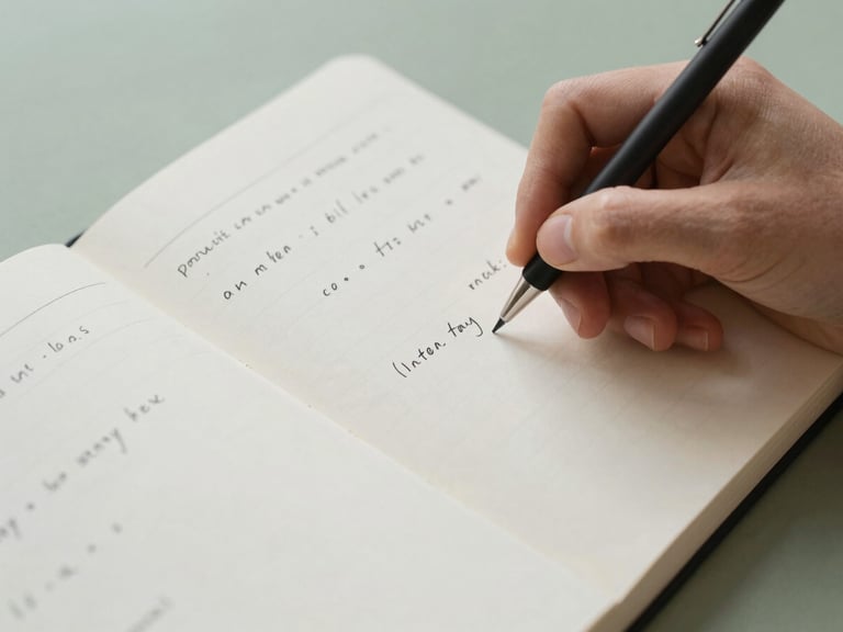 Close-up of a hand writing notes in a physical notebook, data points and observations, natural light.