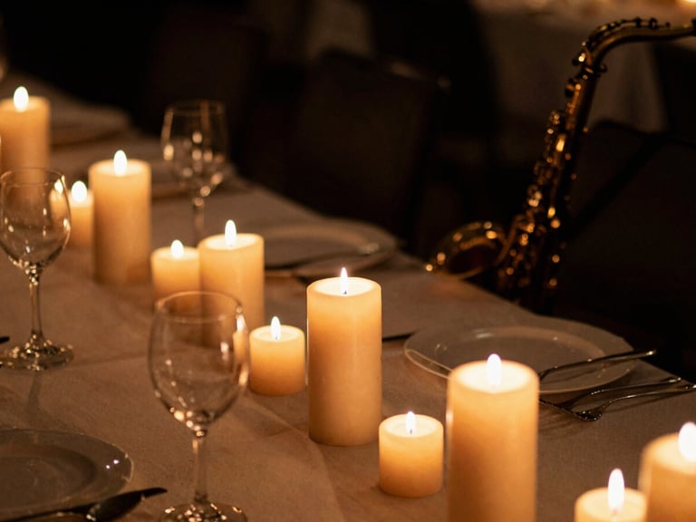 Close-up of elegant event tablescapes lit by glowing candles, soft warm focus, a saxophone silhouette resting on a dark chair in the background, chiaroscuro lighting.