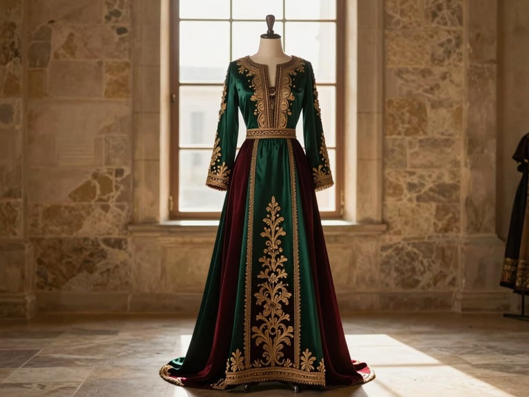Warm editorial fashion photography of an elegant traditional Constantine gown displayed on a mannequin in a stone-walled gallery, golden-hour window light, rich detailed texture, shallow depth of field, 35mm