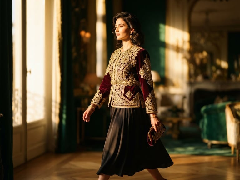 Warm editorial fashion photography of a model walking gracefully in a deep burgundy velvet Karakou jacket embroidered with heavy gold thread, golden-hour window light, rich emerald background, detailed texture, shallow depth of field, 35mm