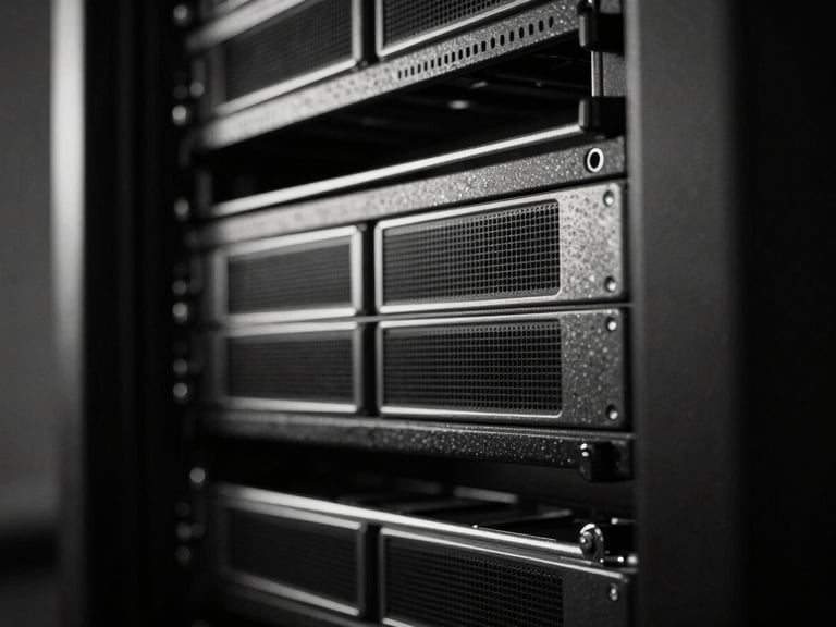 Extreme close-up of a high-end server rack, dramatic chiaroscuro lighting, deep obsidian blacks, sharp metallic reflections, 35mm film
