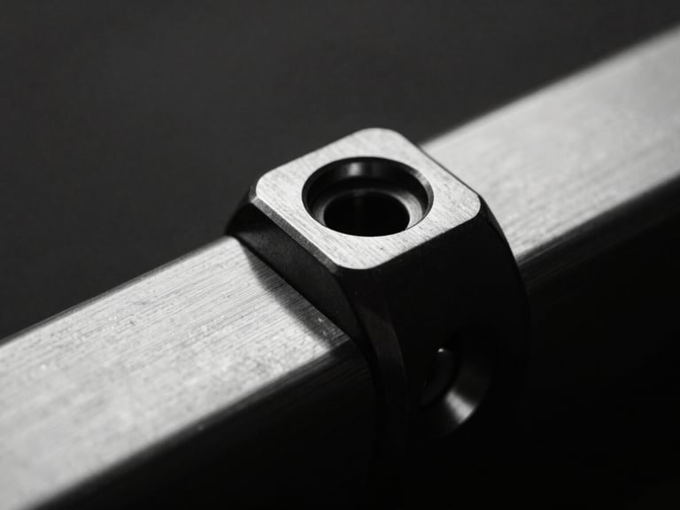 Extreme macro shot of high-end brushed titanium hardware, sharp chiaroscuro lighting, dark reflections, monochrome