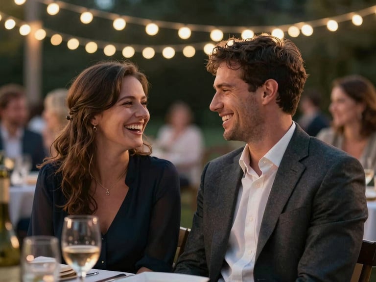 A cinematic video still showing a couple sharing a quiet laugh during an outdoor reception under string lights, shallow depth of field