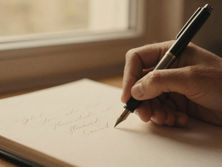 Close-up of hands writing lyrics with a fountain pen on textured paper, soft golden-hour window light, warm sepia tones, shallow depth of field