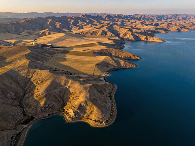 Sweeping wide drone photography of premium land plots on the shores of Lake Van, Turkey, golden hour lighting highlighting the topography, deep blue water contrasting with golden fields, cinematic 16:9 crop.