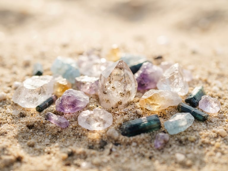 Luminous editorial photography of raw, light-catching semi-precious stones resting on a warm sand surface, soft morning daylight, macro lens, shallow depth of field