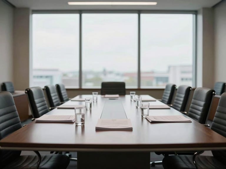 Wide interior shot of a law firm meeting room in natural north-facing daylight, an empty conference table with stacked legal documents and a glass of water, chairs arranged in quiet order, floor-to-ceiling windows with diffused overcast light, no people, architectural calm