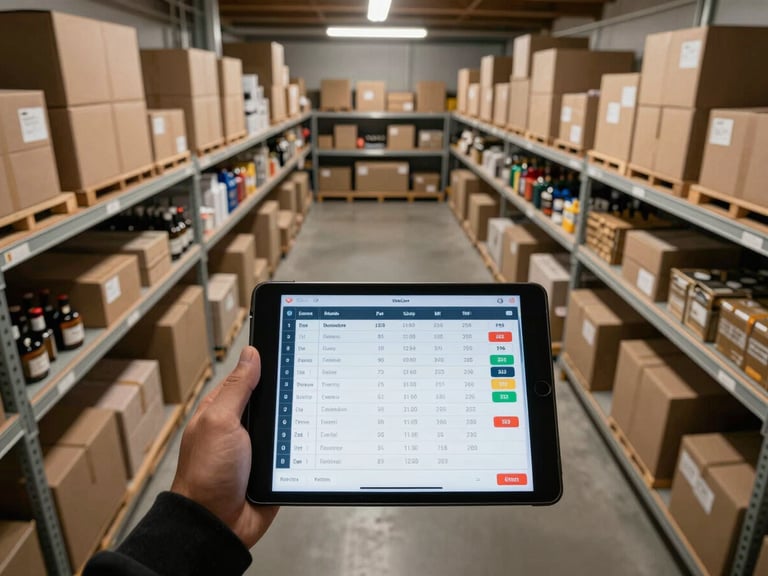 Overhead plan-view of a hotel storeroom — shelves of inventory with tablet in foreground showing real-time stock levels and par alerts, harsh overhead warehouse lighting, no people visible, operational grit