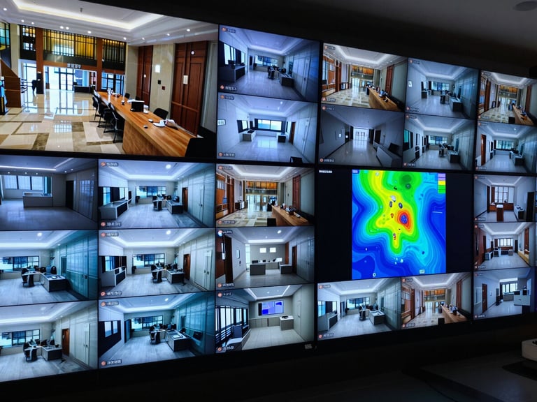 Wide overhead view of a hotel security monitoring room — multiple CCTV screens arranged in a grid showing lobby and kitchen feeds, one screen overlaid with heatmap analytics and staff-zone dwell-time data, blue-grey ambient light from screens