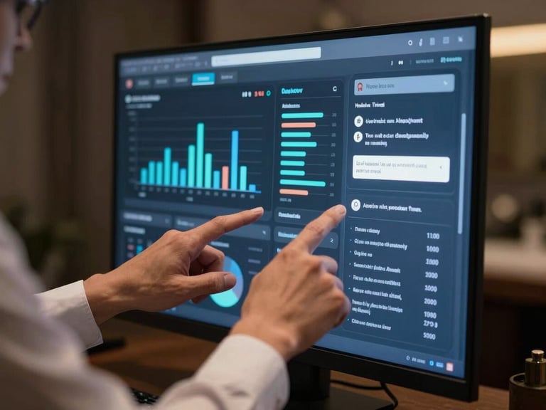 Close-up of a hotel manager's hands pointing at a large monitor showing an AI reporting dashboard — bar charts, KPI tiles, and a natural-language query input field visible, dark ambient room with screen glow as primary light source