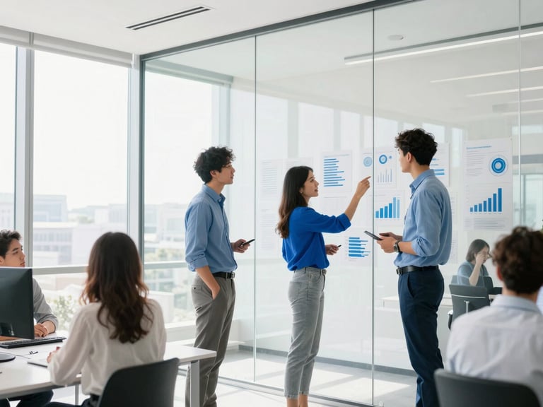 Bright modern collaborative workspace with professionals discussing data visualizations on a clean glass wall, natural daylight, high-key exposure, 35mm lens