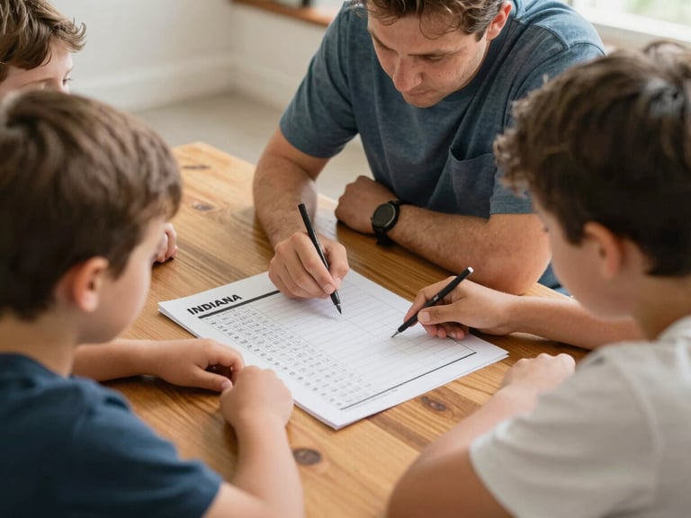 Warm editorial photography of a local Indiana navigator sitting at a wooden table with a family, reviewing a simple printed checklist in natural daylight, authentic interaction, eye-level perspective, 35mm