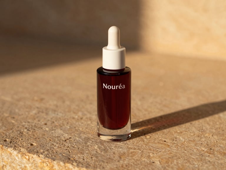 A minimalist glass bottle of Nouréa Elixir reflecting low-angle golden hour Moroccan sunlight on a textured warm stone surface, soft shadows.